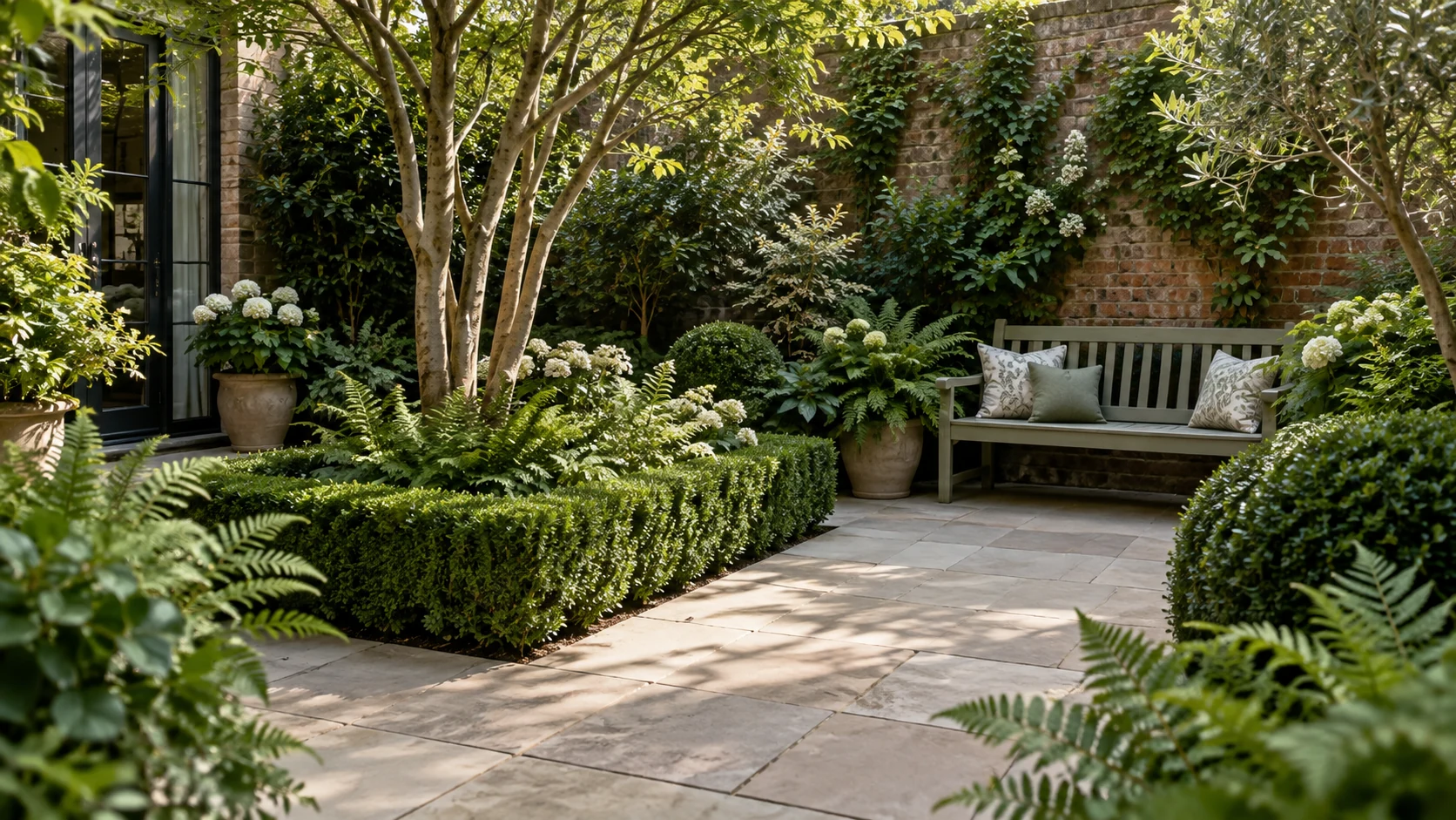 A compact planted courtyard with a bench and clear paving, illustrating decide what should be usable first