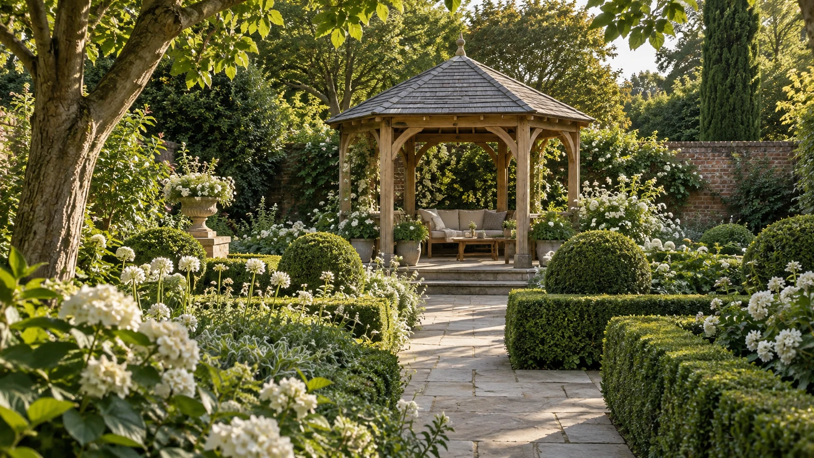 An illustrative timber gazebo in a planted residential garden