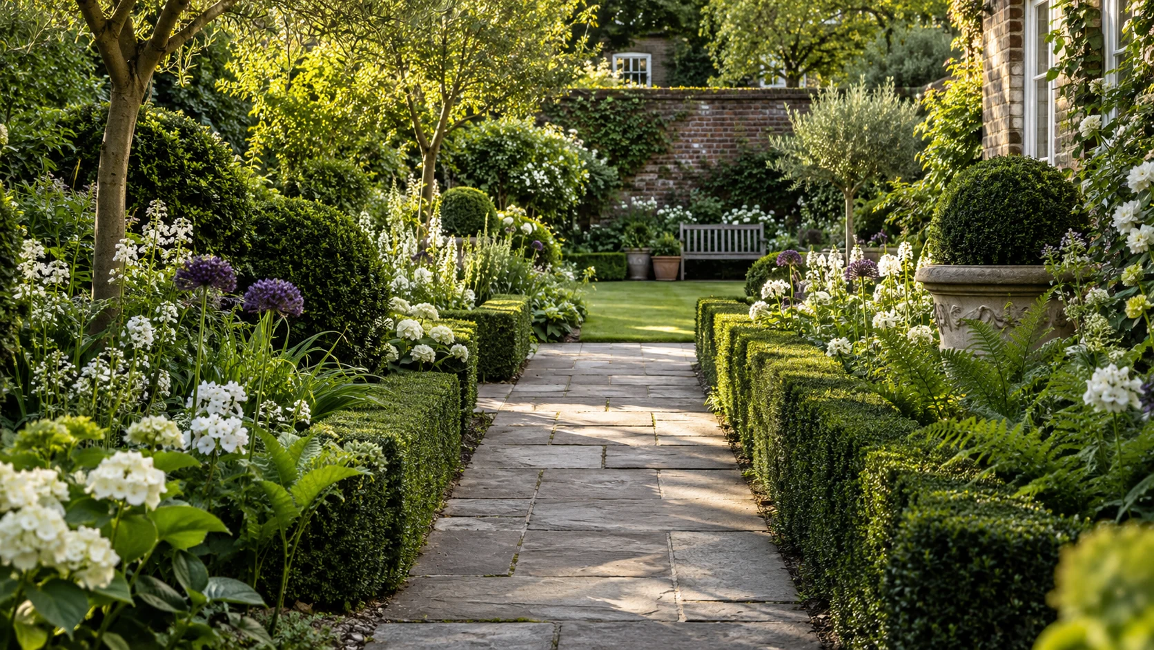 An established green lawn bordered by clipped hedges