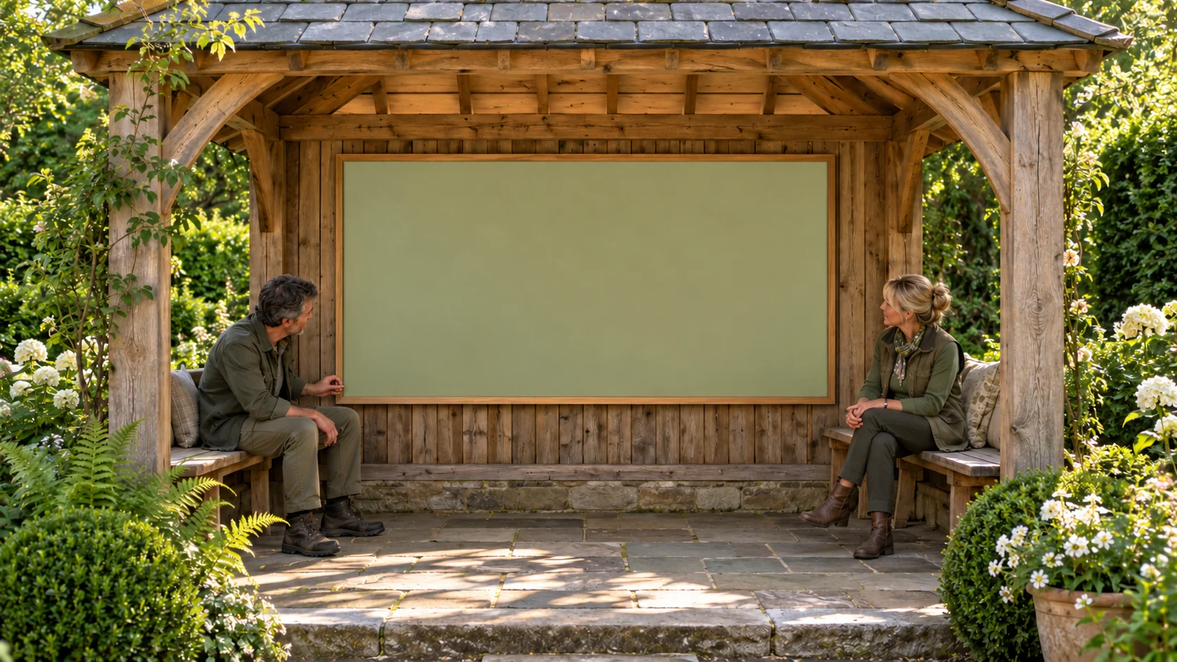 Two illustrative people seated on benches inside a garden gazebo, discussing a London map — AI-generated scene