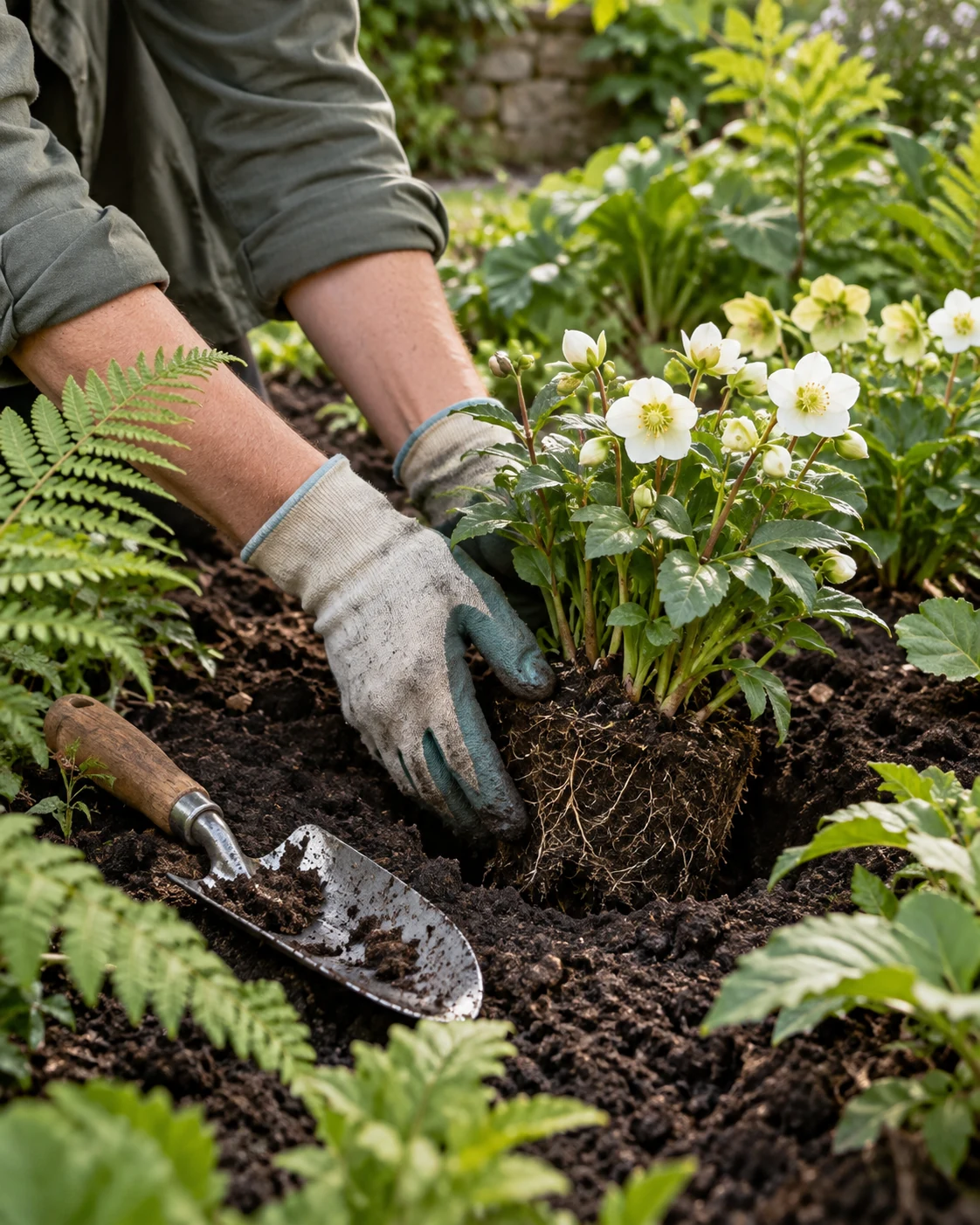Gloved hands setting a perennial into prepared border soil, illustrating lawn work without chasing a perfect photograph