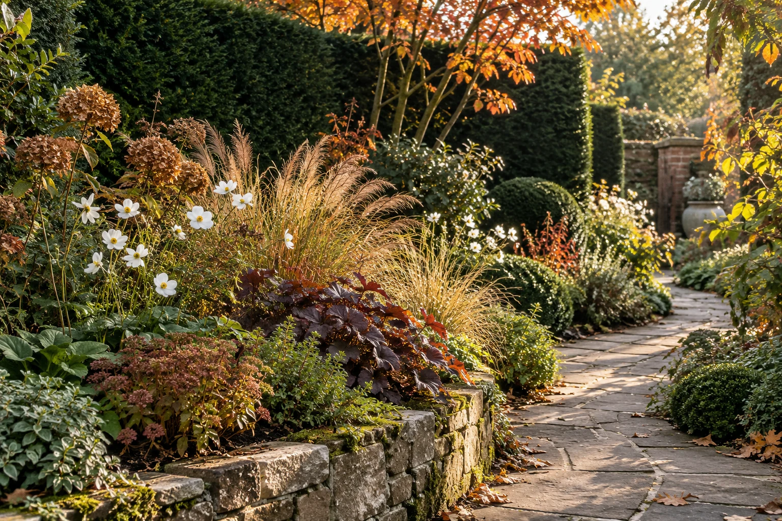 Grasses and late flowers giving structure to an autumn border, illustrating walthamstow gardening questions