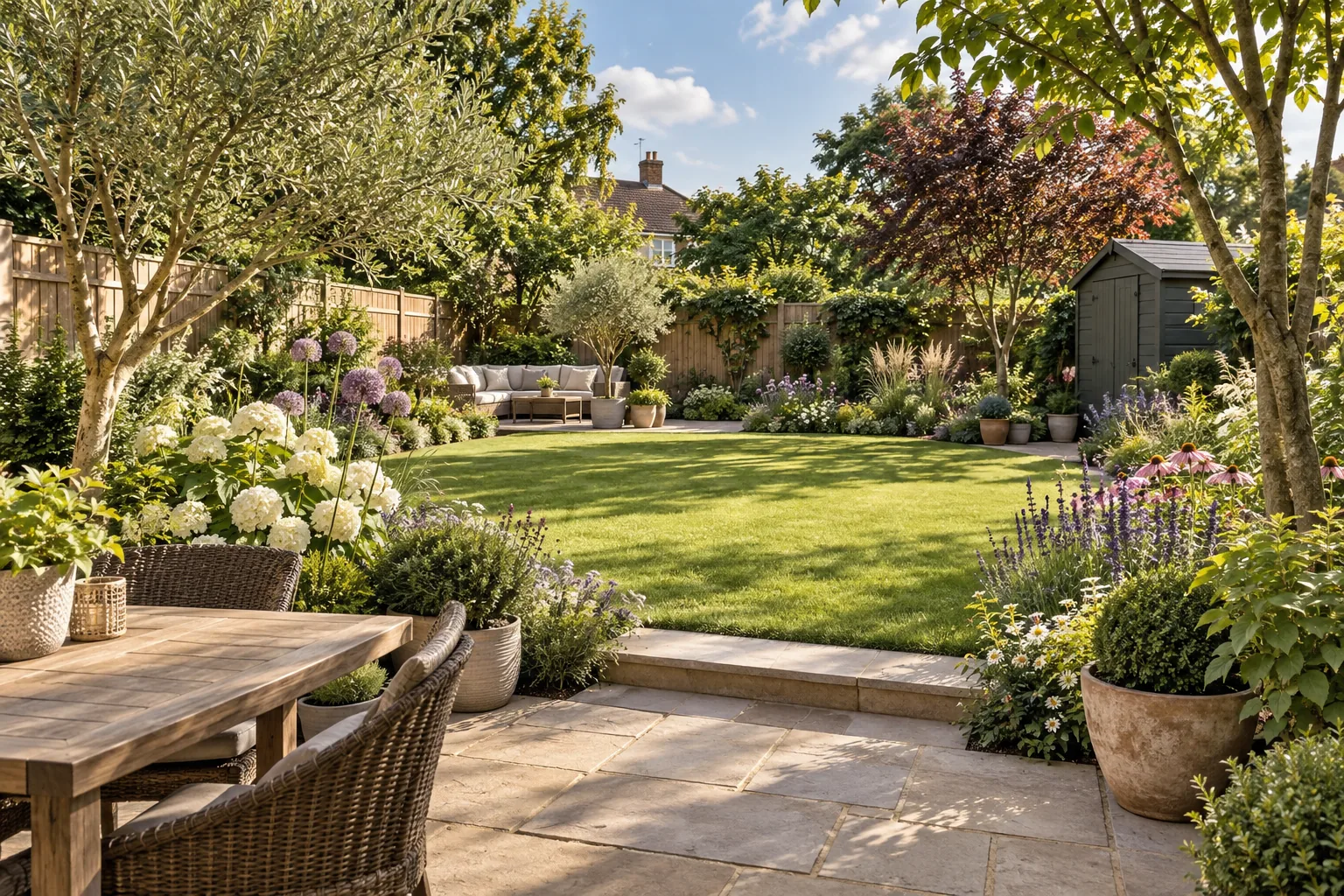 A cared-for suburban garden with a small seating terrace, mixed perennial borders and a clear central lawn, a timber fence and discreet shed; an imagined garden scene