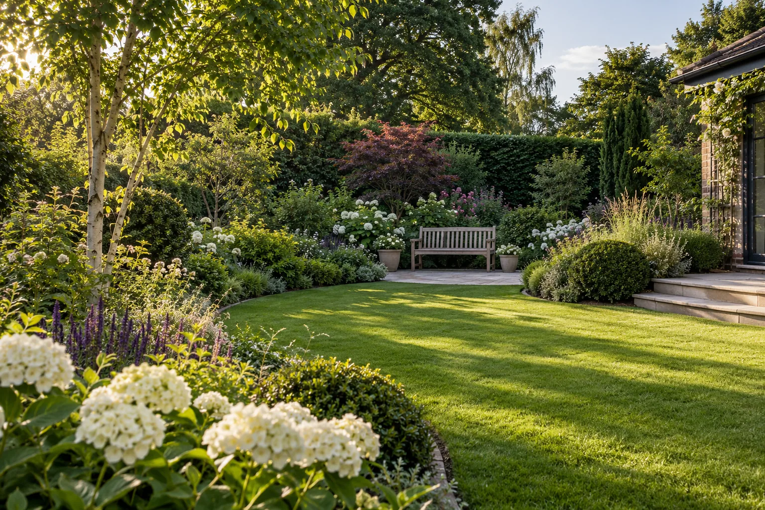 A restrained residential garden with a gently curved lawn, deep mixed shrub borders and a simple timber bench, beautiful mature planting without an estate scale; an imagined garden scene
