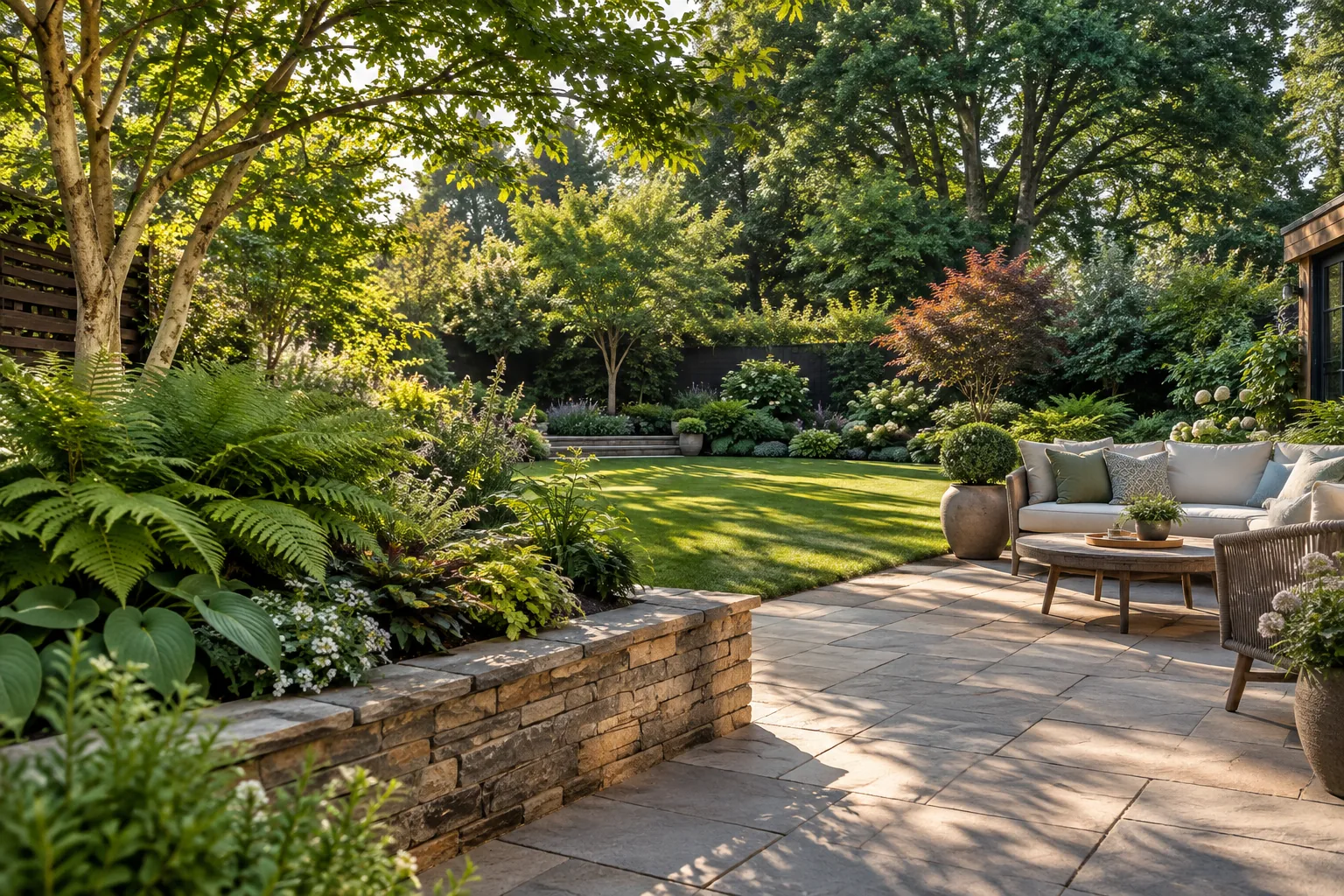 A domestic garden with a mature leafy canopy at the back, natural lawn, a raised fern bed and an open stone seating area, no woodland landmark; an imagined garden scene
