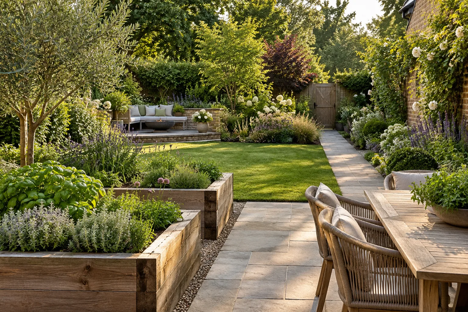 A modest planted rear garden with raised herb beds, a stone seating area and a small lawn, a useful clear path and lush leafy border, no river or landmark; an imagined garden scene