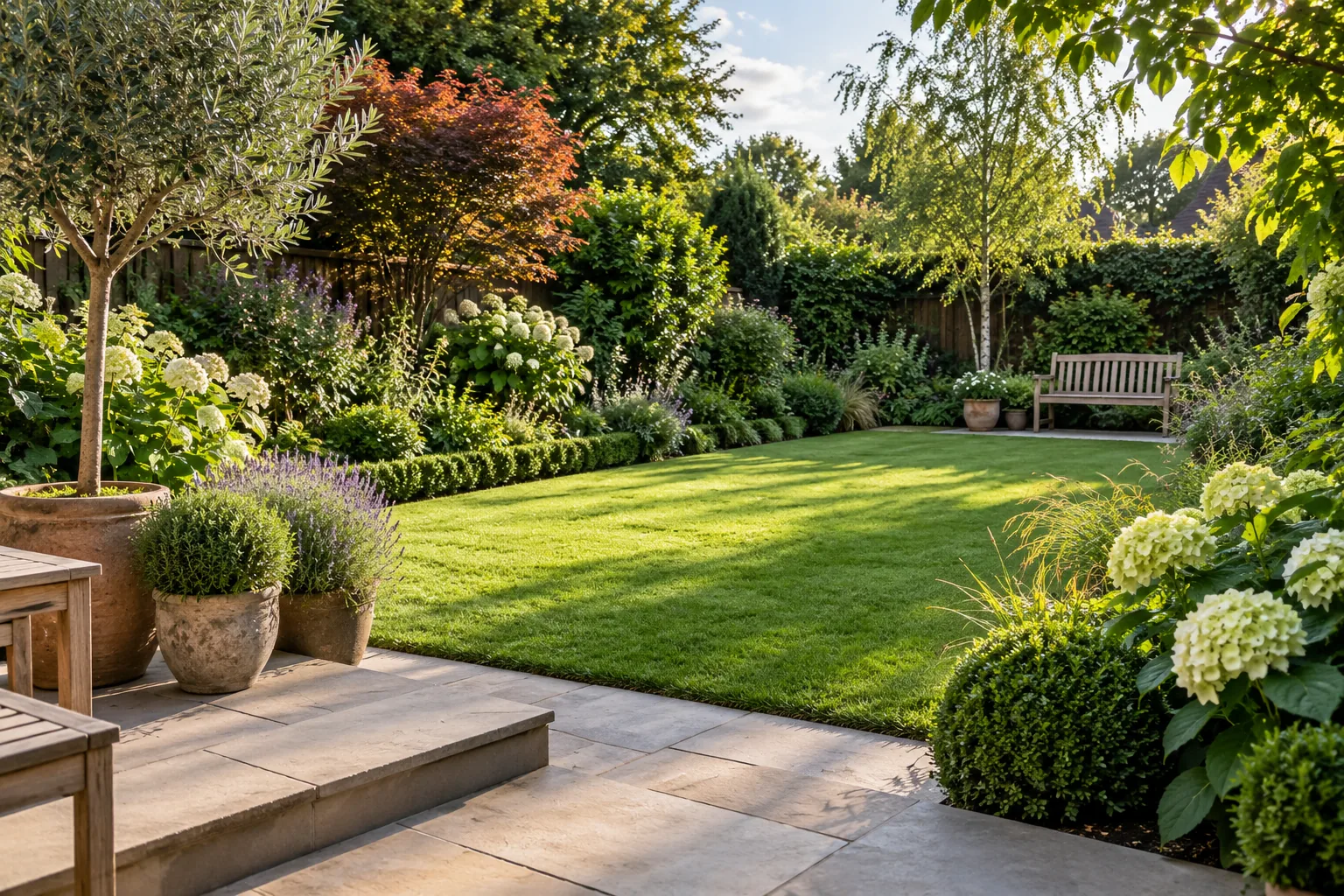 A practical green rear garden with precise lawn edging, established boundary shrubs and a simple timber bench, a few pots on a small terrace; an imagined garden scene