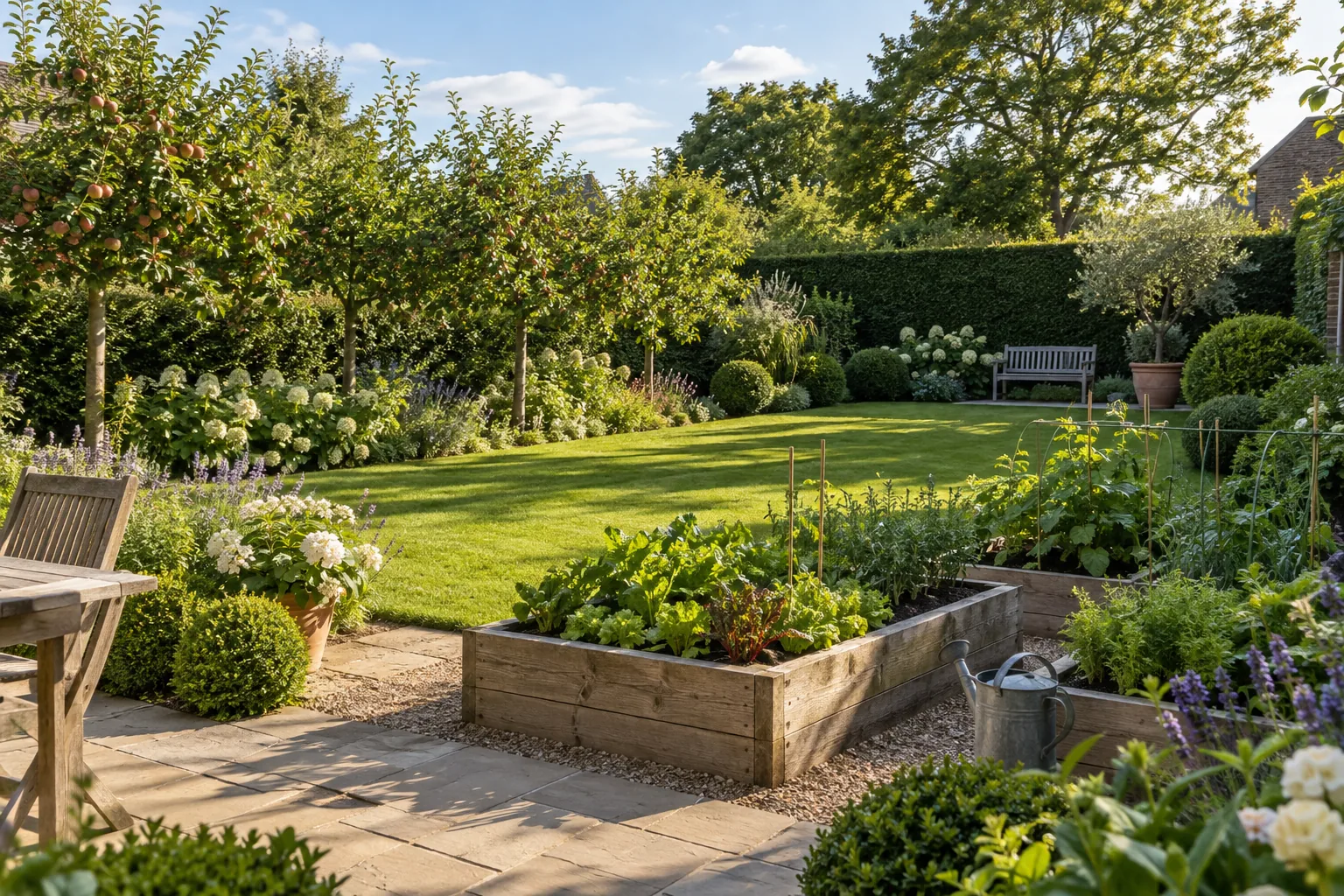 A cared-for family garden with a small fruit-tree border, modest raised vegetable beds and usable grass framed by a clipped hedge; an imagined garden scene