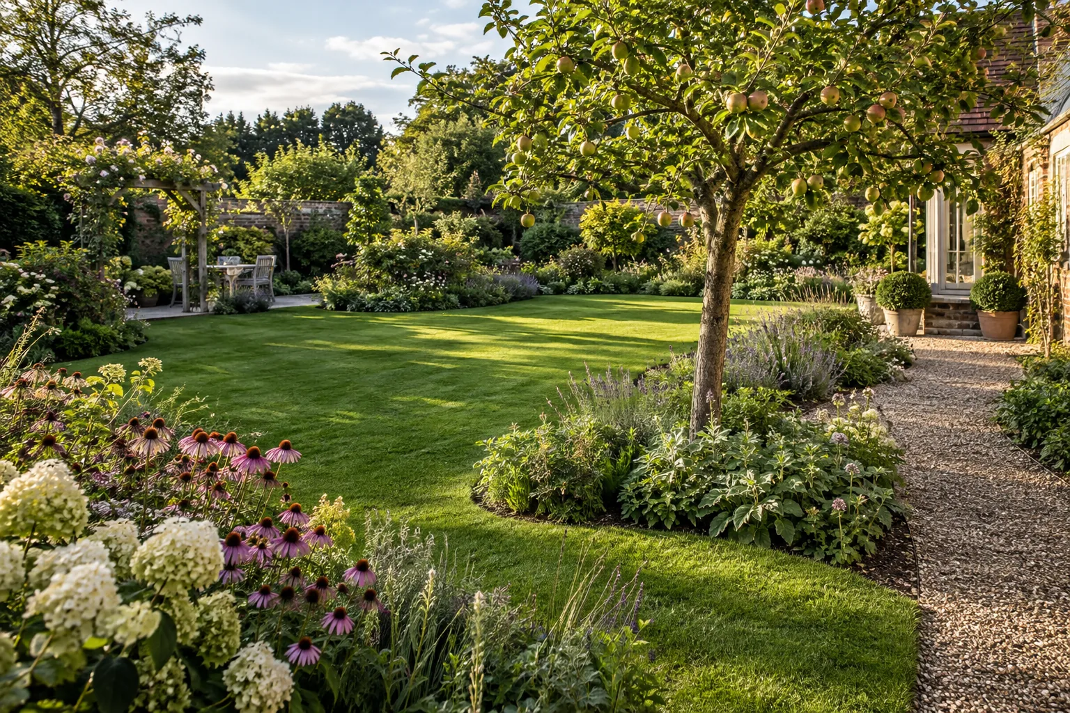 A domestic garden with mixed borders, a generous natural lawn and a small fruit tree beside a gravel path, not a country estate; an imagined garden scene