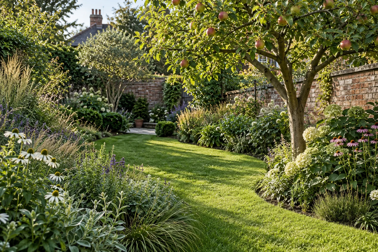A brick-walled garden with a loose naturalistic perennial border, a small fruit tree and a clear mown grass route, ordinary residential scale; an imagined garden scene