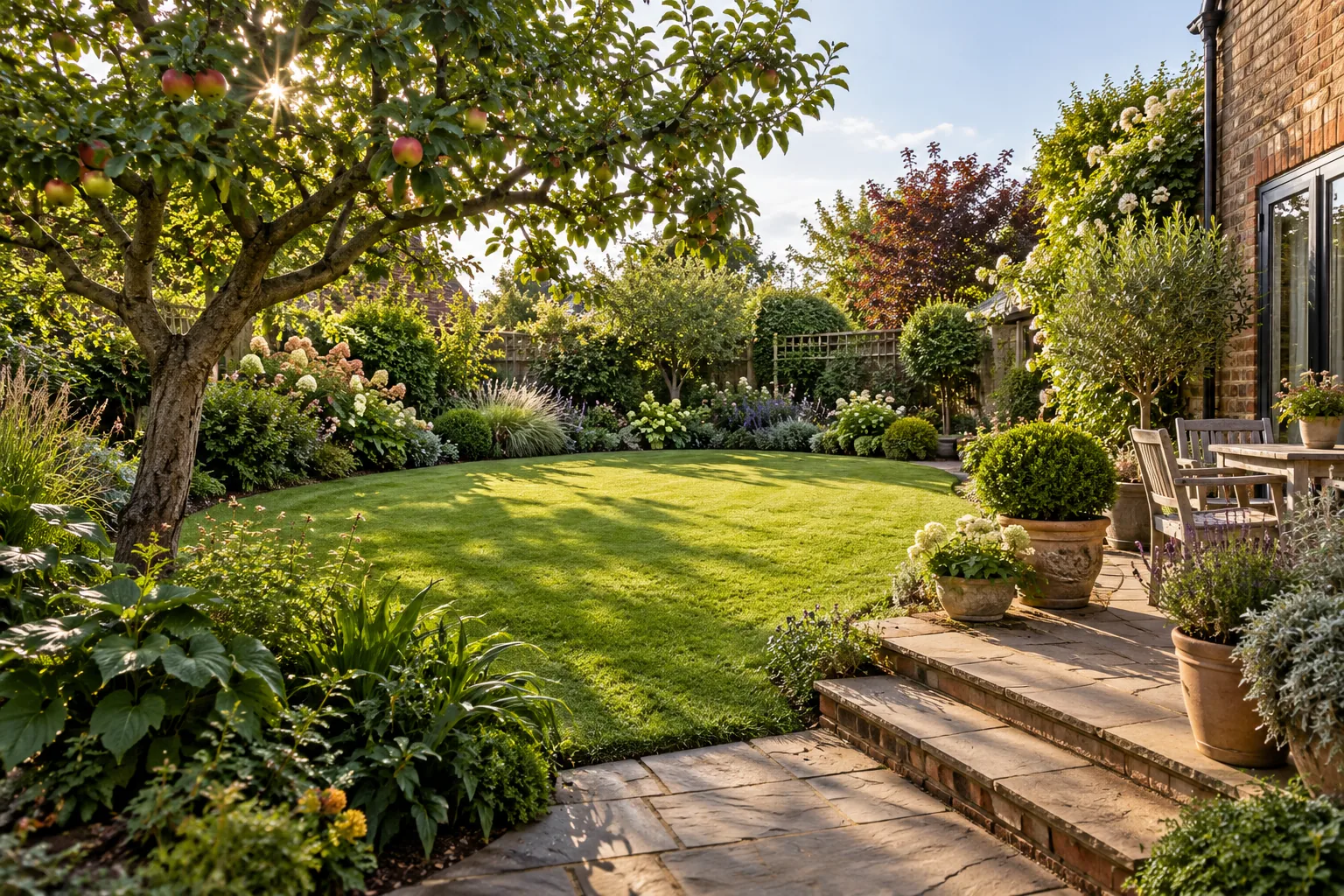 A medium-sized domestic garden with an oval lawn, low mixed shrub borders, an apple tree and a simple brick terrace; an imagined garden scene