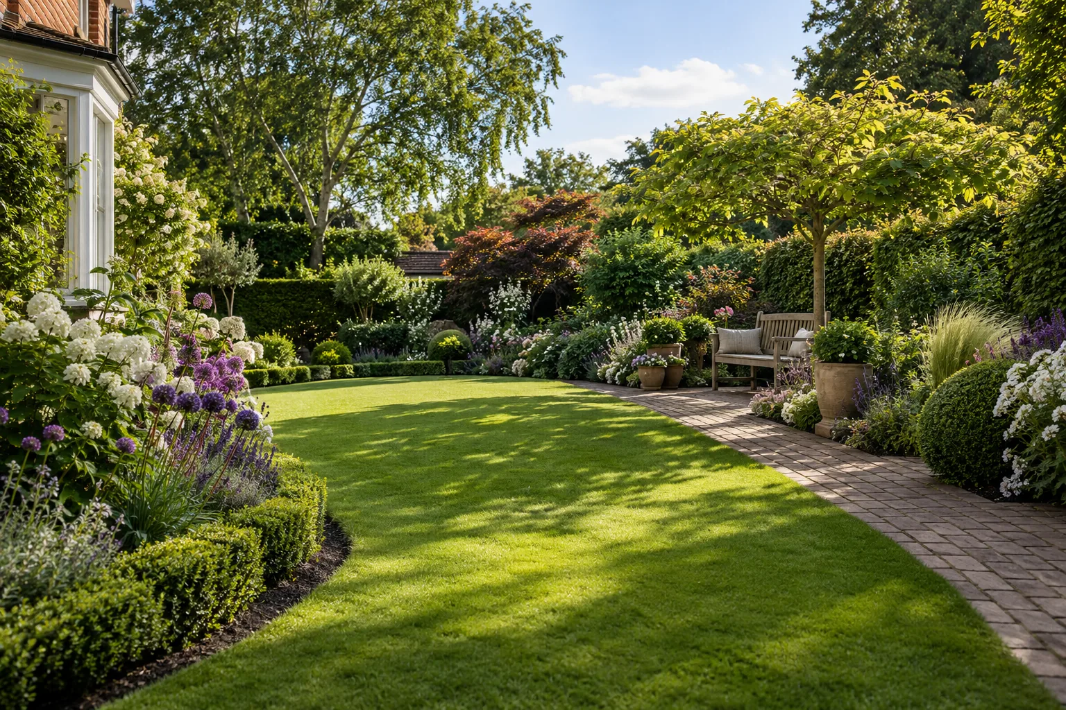A domestic garden with a broad mown lawn, carefully edged flower bed and simple brick-paved route to a summer bench; an imagined garden scene