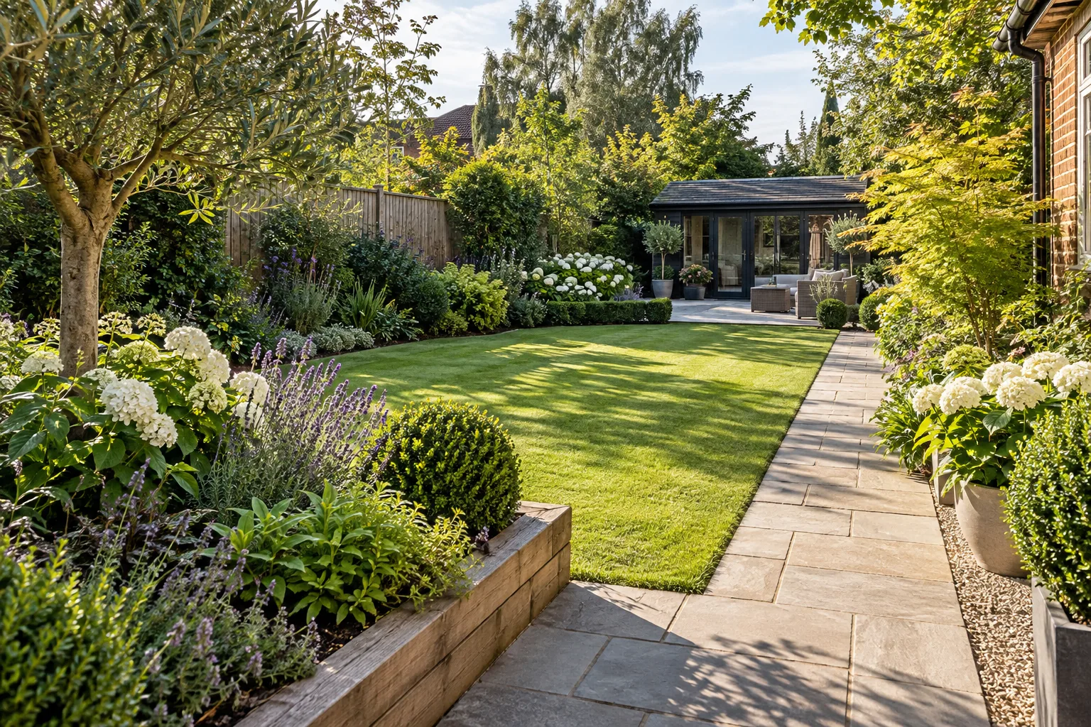 A family-sized garden with practical lawn, a clear paved side route, low shrubs and small raised planting beds, airy natural proportions; an imagined garden scene