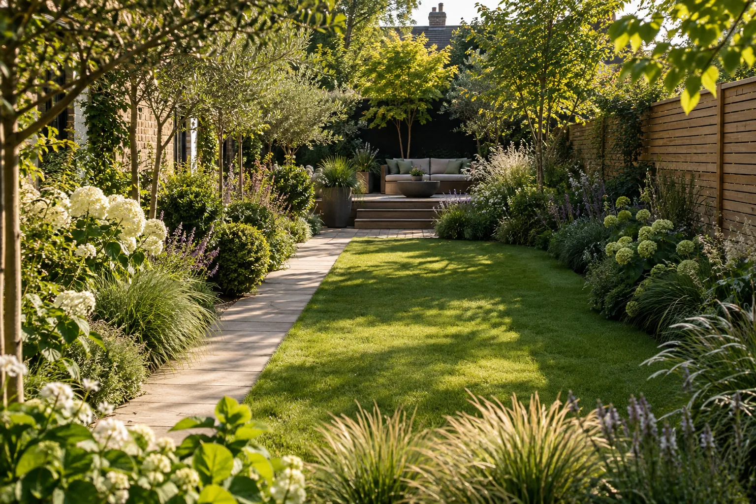 A long narrow domestic garden with deep planted borders, a clear side path and small seating area at the back, soft grasses and a timber fence; an imagined garden scene