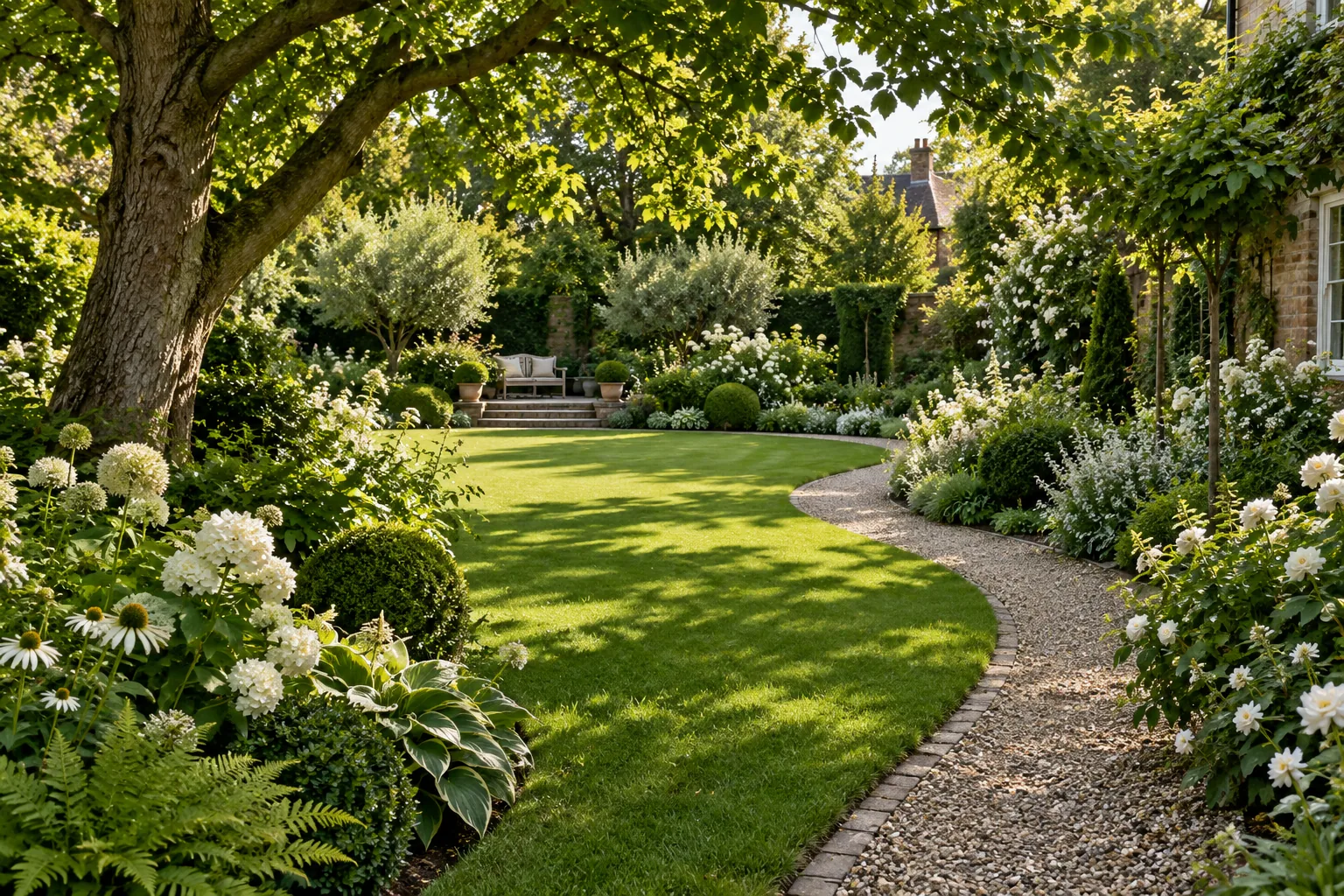 A mature residential garden with dappled shade from a deciduous tree, a gently curving lawn and white flowering borders beside a gravel path; an imagined garden scene