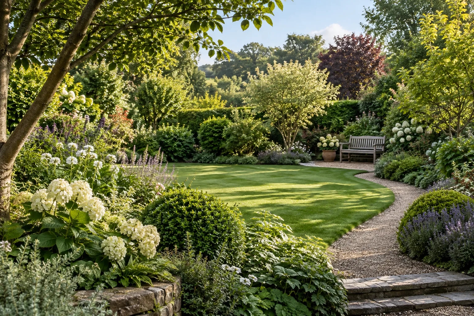 A green domestic garden with layered shrubs, an open lawn for everyday use and a path curving to a small timber bench, strong natural depth; an imagined garden scene
