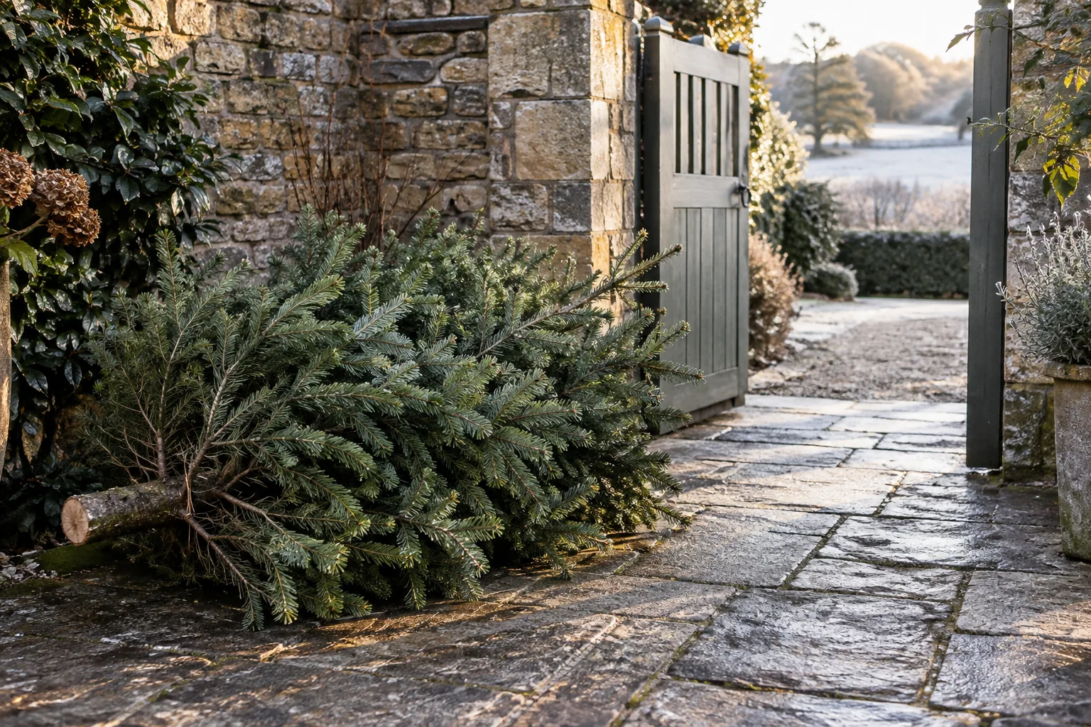 An undecorated tree waiting in a private garden for collection