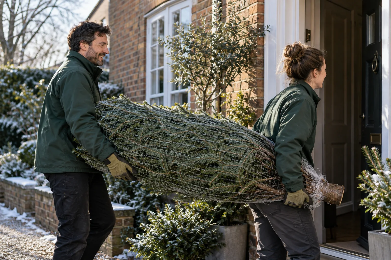 Two people carrying a netted fir towards a townhouse entrance