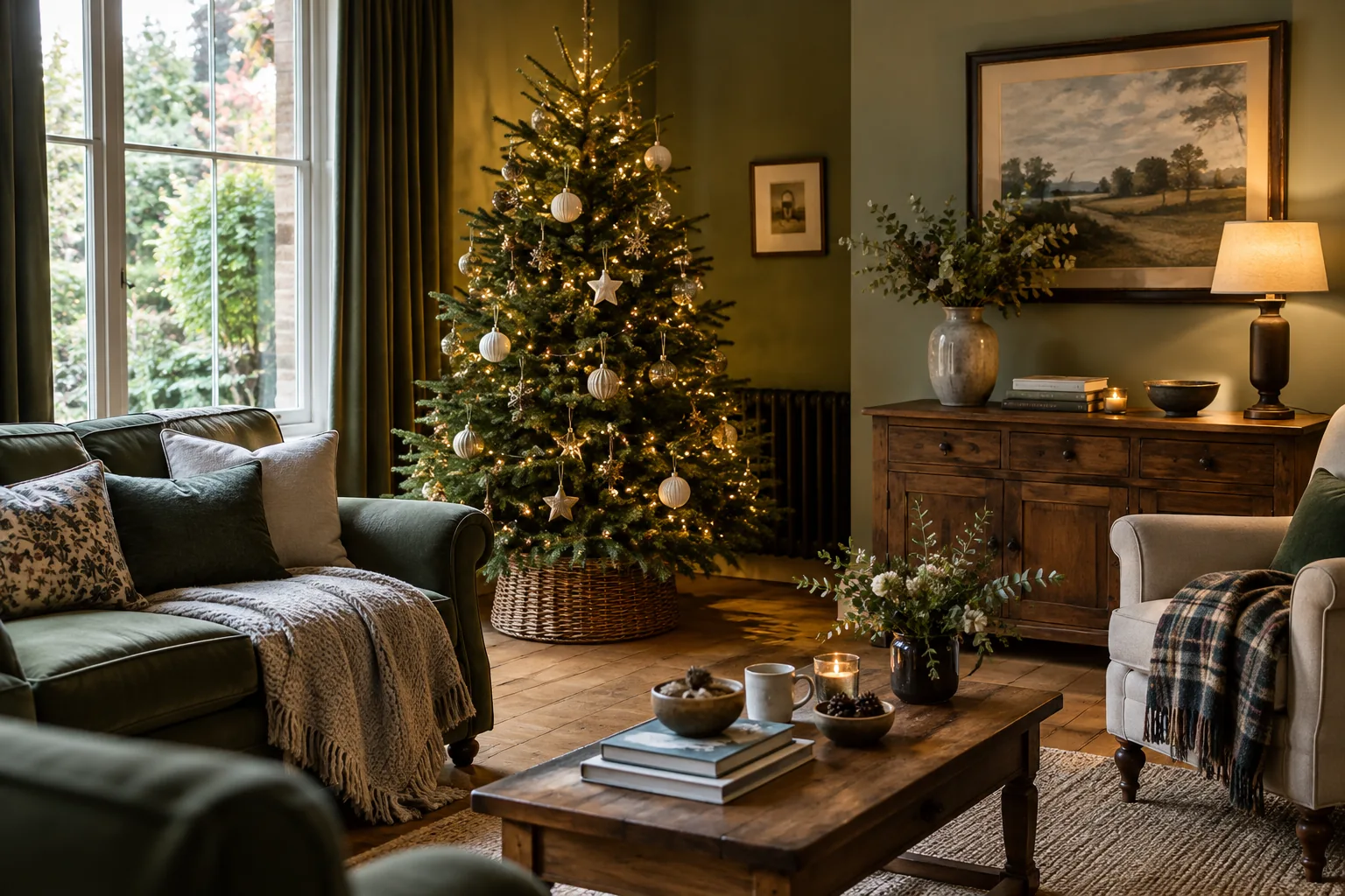 A real Christmas tree with restrained lights and decorations