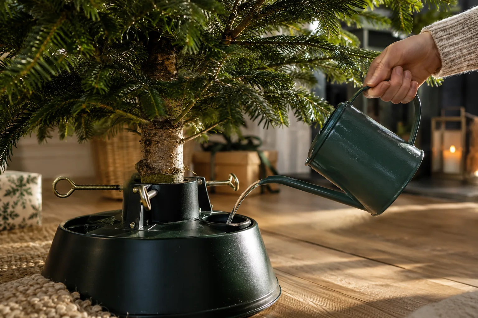Adding water to the reservoir of a Christmas tree stand