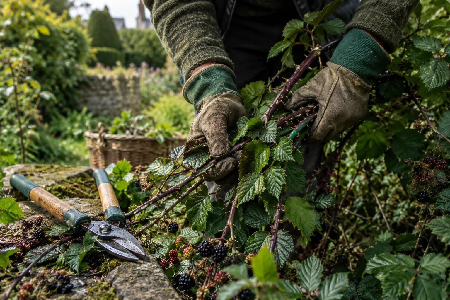 Handling cut bramble stems with protective gloves