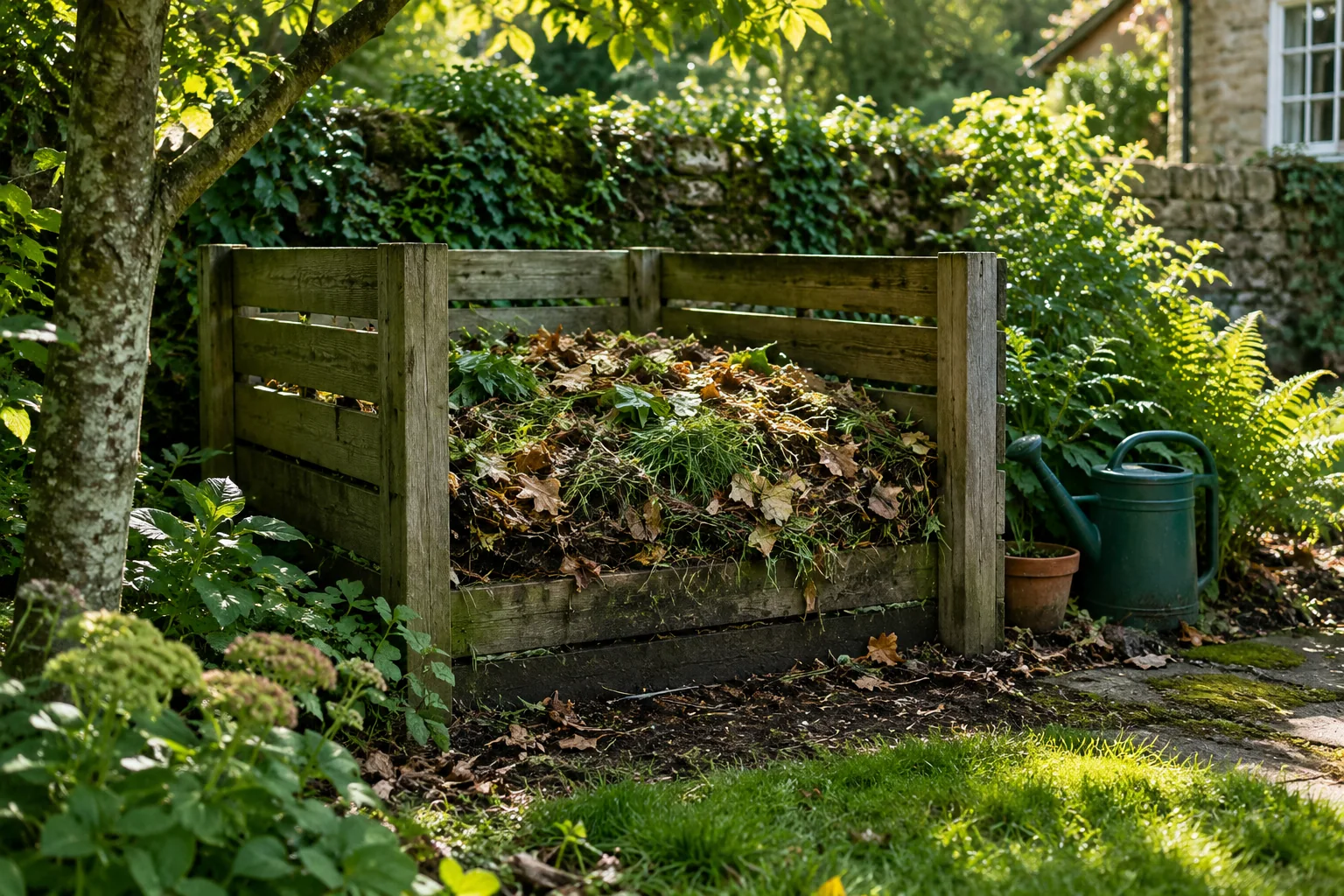 A timber compost bay holding leaves and suitable plant clippings, illustrating local checks for trees in Orpington