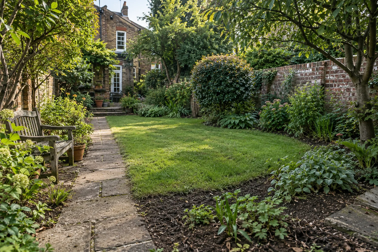 An opened-up garden with a recovered path and retained shrubs
