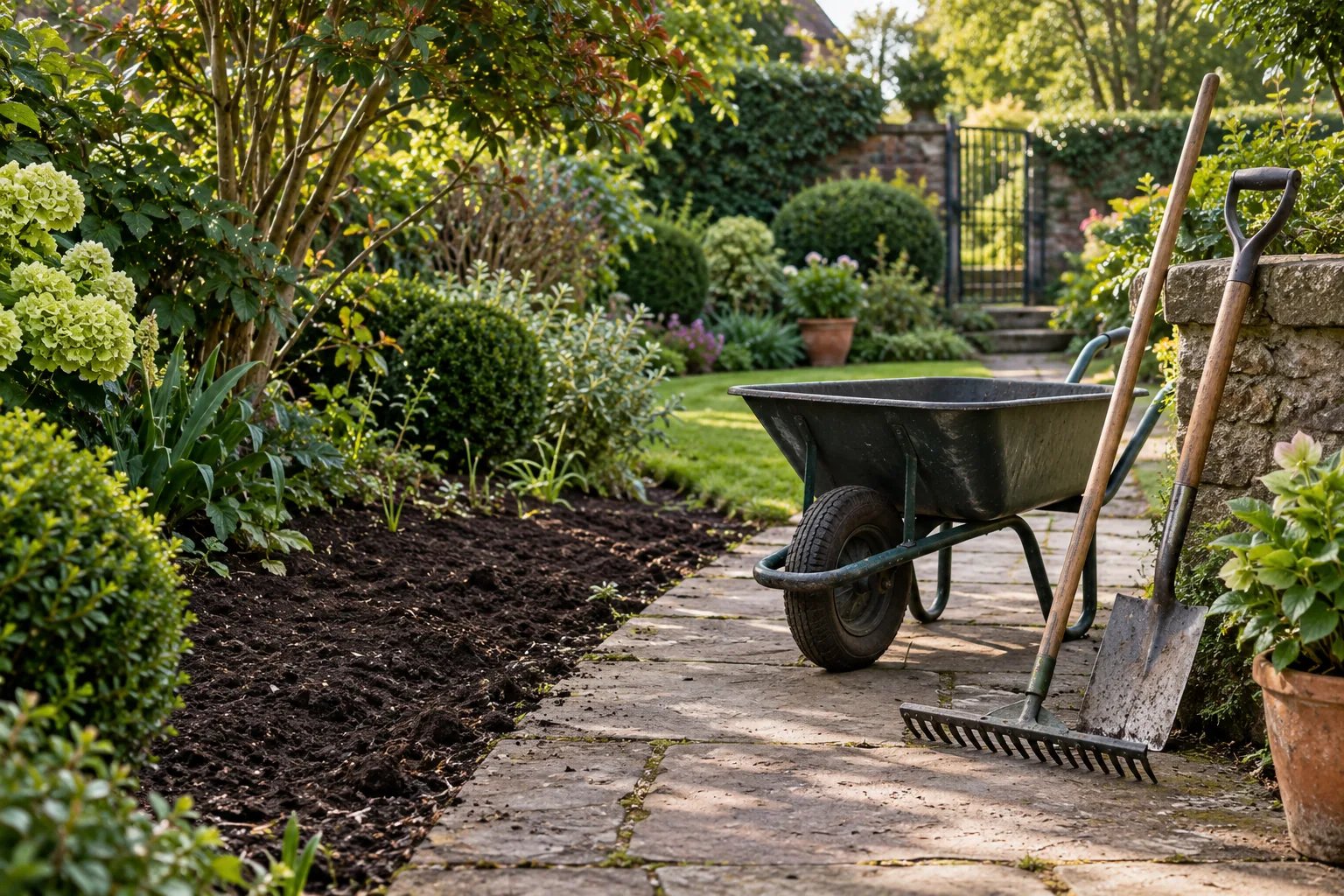 A wheelbarrow, spade and rake beside a cleared border, illustrating the route to the garden belongs in the estimate