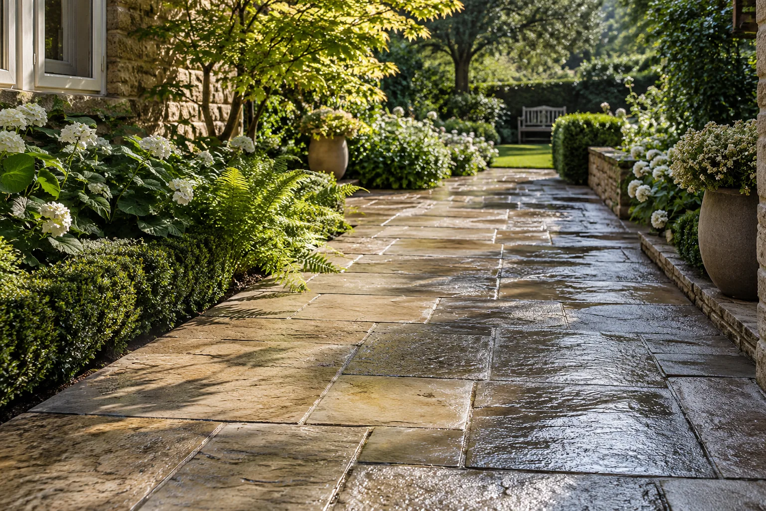 A clean stone path edged by ferns and flowering plants, illustrating boundaries, wildlife and useful shelter