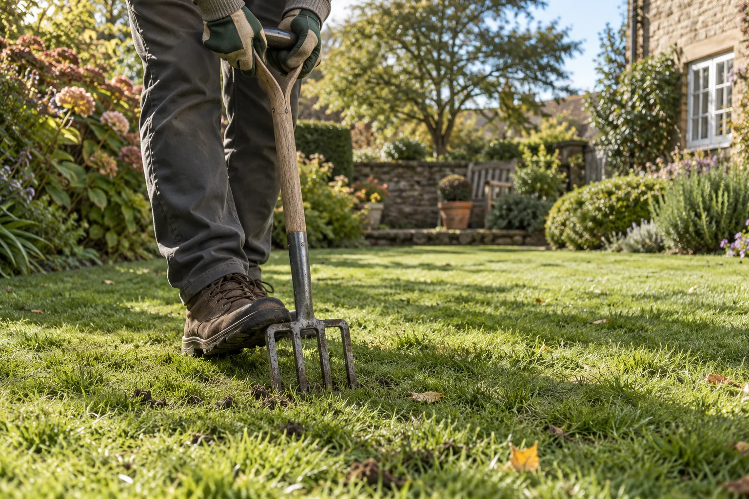 A garden fork being used to aerate a lawn