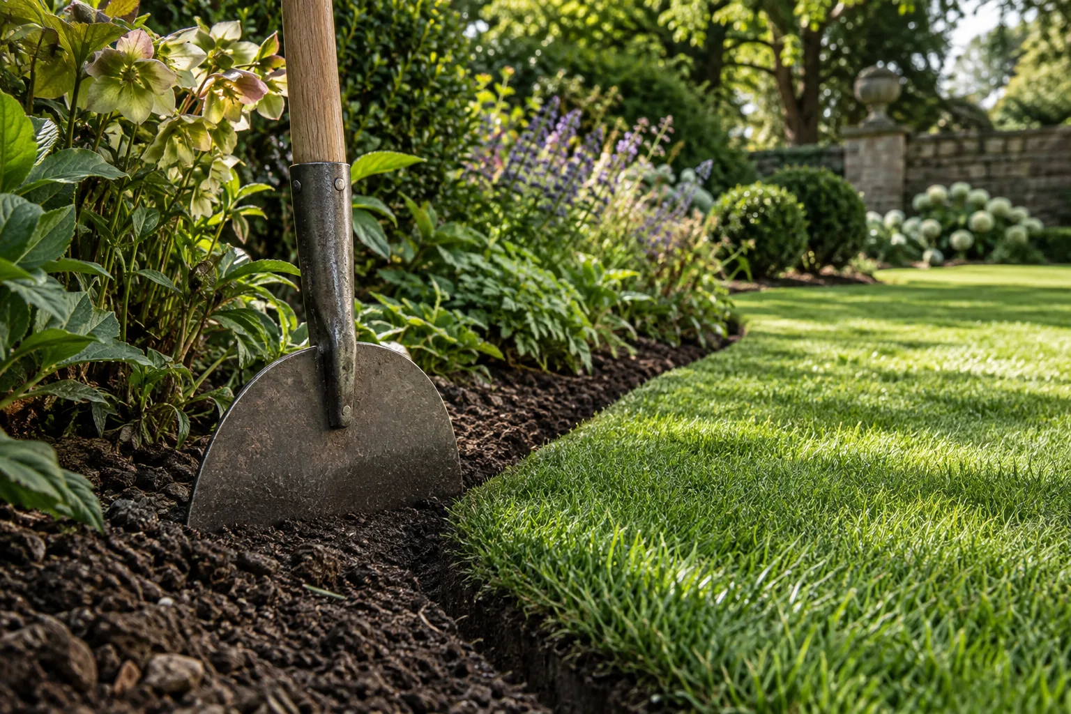An edging iron beside a defined turf and border boundary