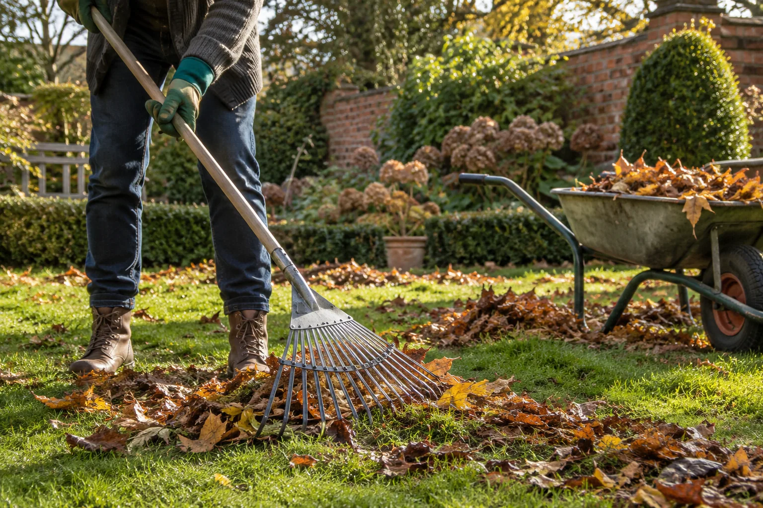 Raking fallen leaves to uncover the grass beneath