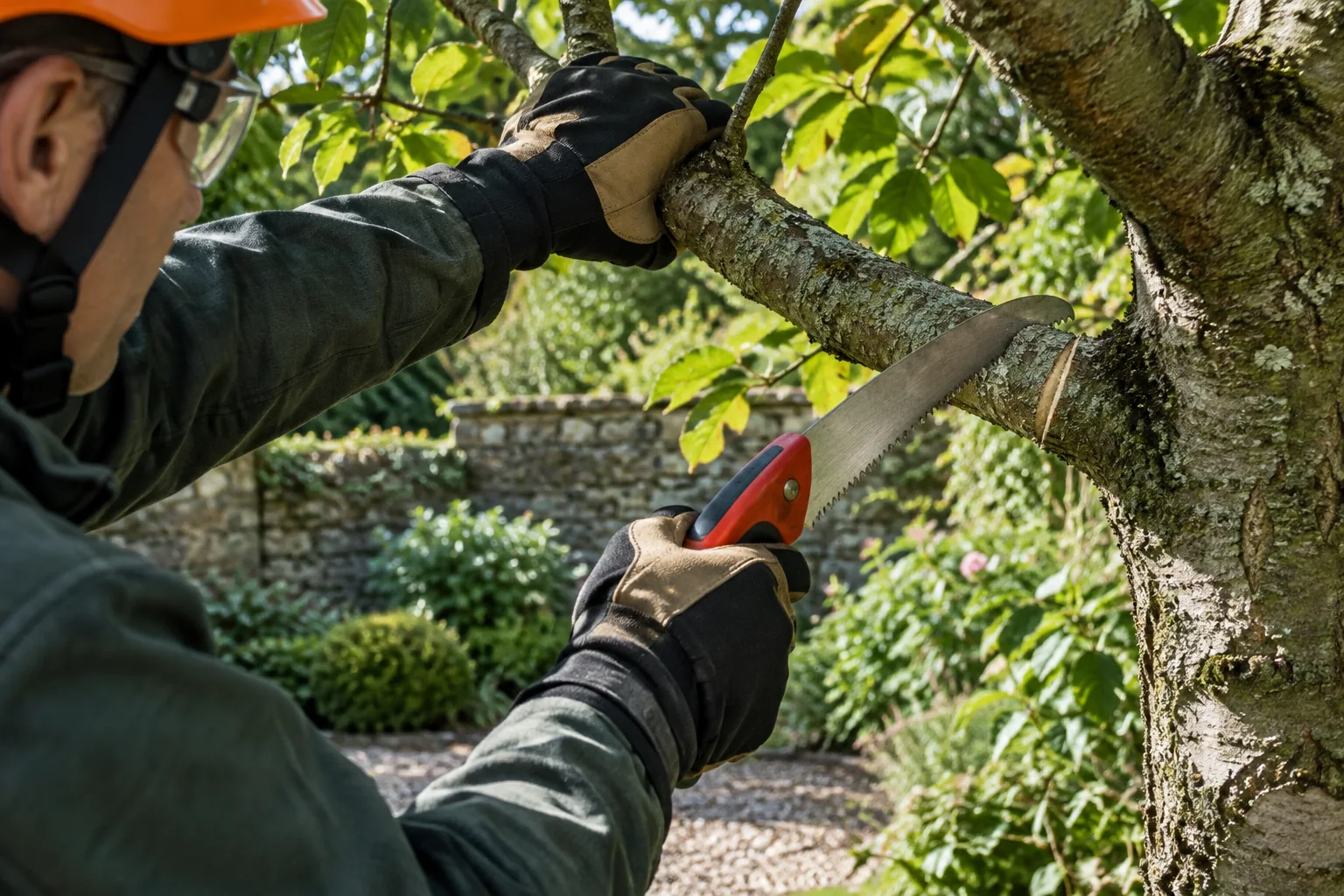 A small low branch being pruned with a manual saw