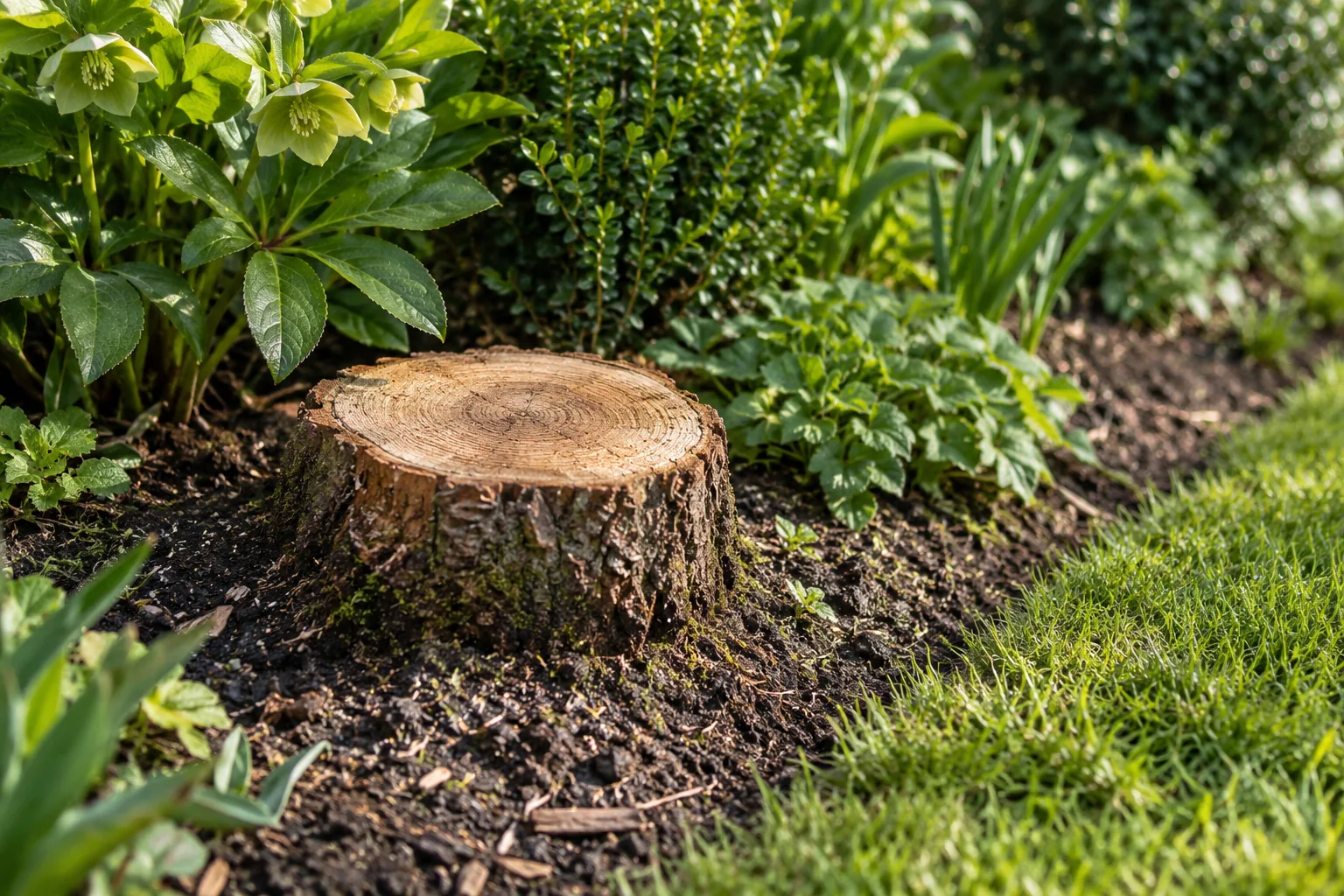 A cut stump showing growth rings beside a garden border