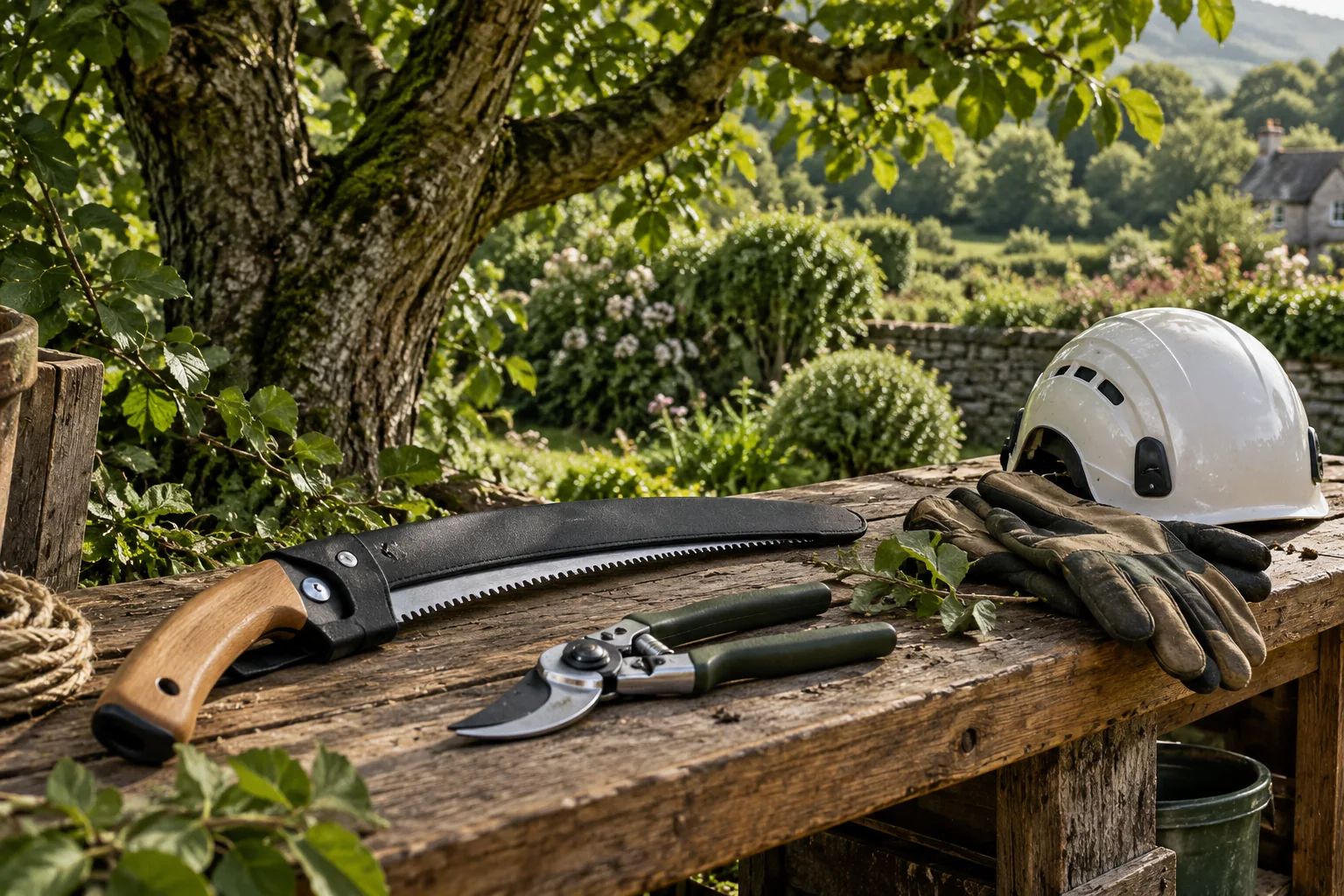 Manual pruning tools and protective equipment on a workbench